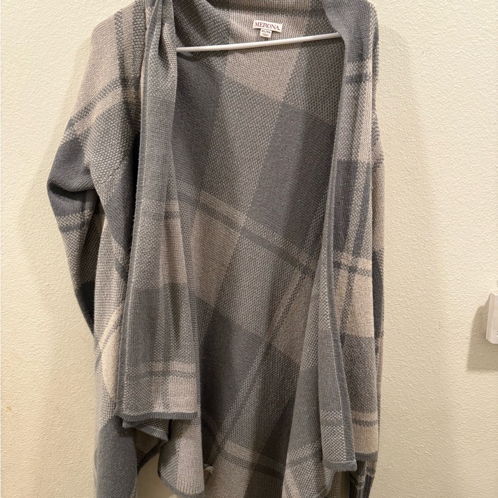 Merona Women's Open Front Plaid Cardigan - Gray and Cream